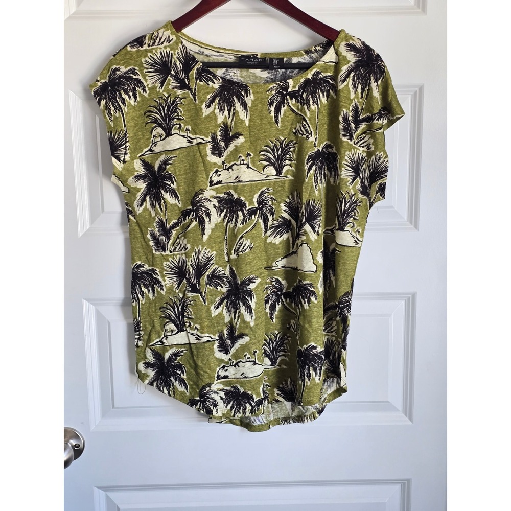 Tahari Womens Medium 100% Linen Tropical Palm Tree Print Cap Sleeve Top Green